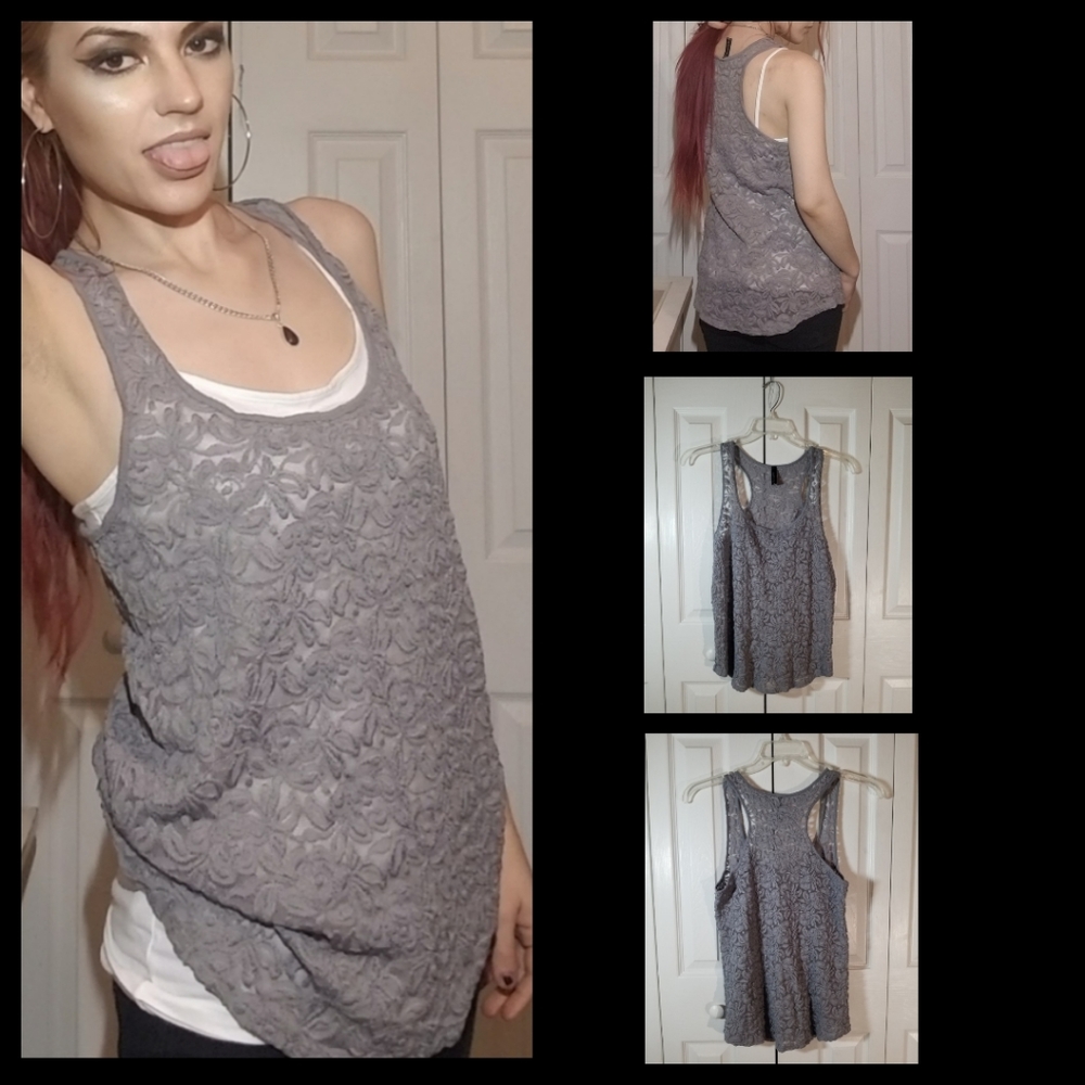 Full tilt gray lace overlay tank
